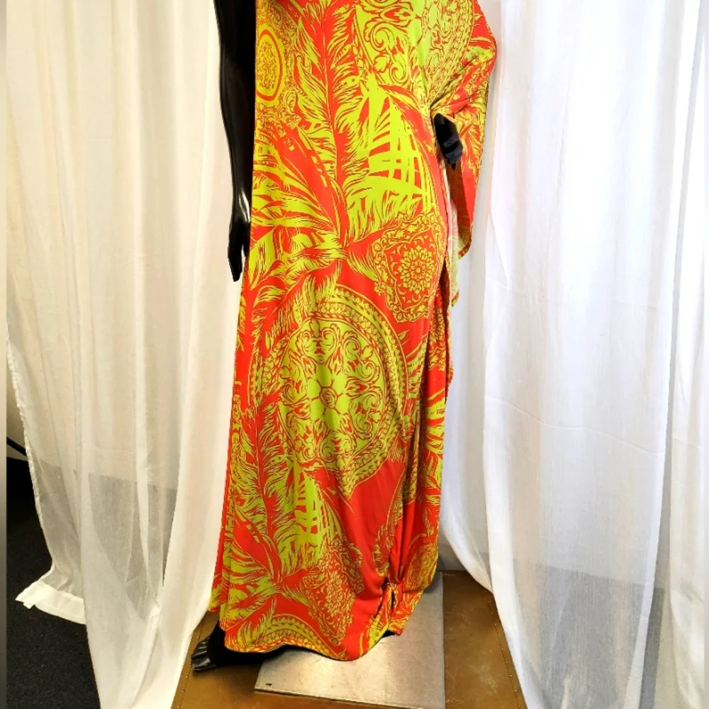 Bold Leaf Kaftan Vibrant Orange and Yellow. Mannequin Worn Only. - Picture 7 of 14
